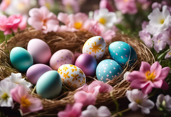 Fototapeta na wymiar Colorful Easter eggs in a nest surrounded by spring flowers. Easter concept.