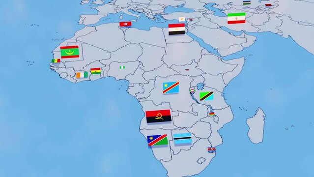 South African nations 3D animation, modern map outline, travel. South Africa, Egypt, Morocco, Mauritius, South Sudan, Madagascar, Ghana, Sudan, Liberia, Botswana, Mozambique,  Zimbabwe