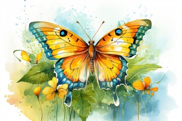  a watercolor painting of a butterfly sitting on top of a plant with yellow flowers in the foreground and a blue sky in the background with a splash of water.