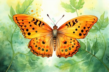  an orange butterfly sitting on top of a green leafy plant with lots of green leaves on it's sides and a white background with yellow and black dots on it's wings.