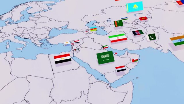 Middle East nations on world map 3d animation with flags. Egypt, UAE, Iran, Iraq, Israel, Palestine, Qatar, Saudi Arabia, Syria
