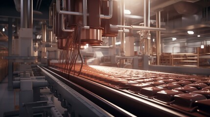 An elegant chocolate manufacturing facility with industrial machines processing unsweetened chocolate into bars.