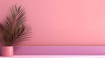 Fototapeta na wymiar Feuille de palmier sur fond rose, mauve. Jeu d'ombre et de lumière. Nature, coloré, ambiance calme, printanière, estivale. Pour conception et création graphique.