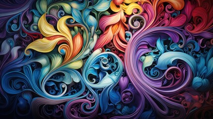  a painting of colorful flowers and swirls on a black background with red, yellow, blue, orange, and pink colors on the bottom half of the image.