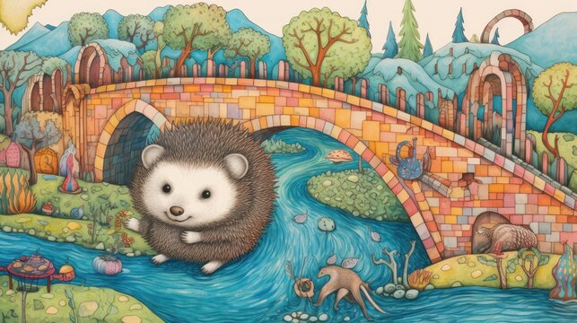  a painting of a hedge sitting on a bridge over a river with a bridge in the background and animals in the foreground, and a bridge in the background.