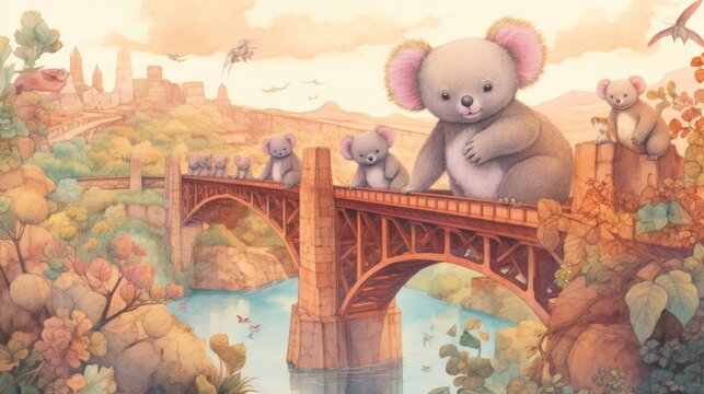  a painting of a teddy bear sitting on a bridge over a river with other bears on the other side of the bridge and a bird flying in the sky above the bridge.