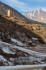 Ruines of the medieval watchtower in North Ossetia, Caucasus, Russia