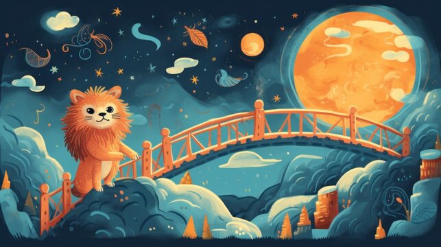  a painting of a cat standing on a bridge with a full moon in the sky in the background and stars and clouds in the sky above it is a full moon.