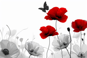Red poppies flowers and butterfly on a white background. Greeting card. Template. Copy space.