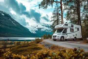 Family vacation travel RV, holiday trip in motorhome, Caravan car Vacation.