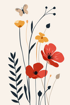 Delicate red poppies and butterfly on a white background. postcard design.