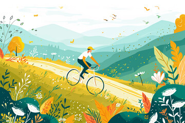 A guy in a bicycle helmet rides a bicycle on a mountain road.