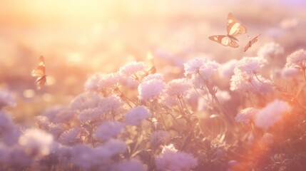  a field full of white flowers with two butterflies flying over the top of the flowers and the sun shining down on the top of the flowers and behind the flowers.