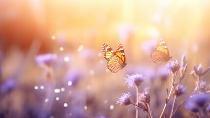  two butterflies sitting on top of a flower in a field of purple and white flowers with the sun shining through the clouds in the back of the back of the picture.