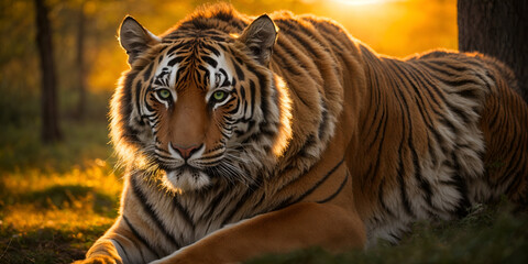 Emerald fire in the Siberian dusk: A tiger's piercing gaze ignites awe in this capture. Golden sunlight paints its regal form, commanding respect and admiration.