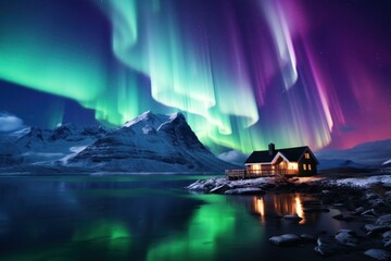  a house sitting on the shore of a lake under an aurora aurora aurora over a mountain range with a house in the foreground and aurora lights in the background. - obrazy, fototapety, plakaty