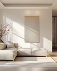 Blank poster with white no frame mock up template, living room interior in fusion style with white sofa, carpet and white walls. Play of light and shadow