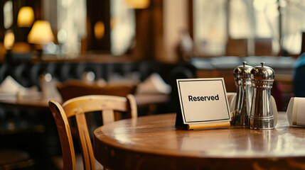 A sign on the table in a restaurant that says "Reserved"