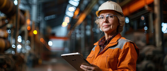Mature woman worker in hard hat and an orange uniform holds a tablet in hand in warehouse or industrial production. Female Industrial Specialist