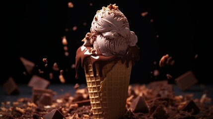 An Italian chocolate gelato cone, perfectly scooped and garnished with chocolate shavings and a crisp wafer.