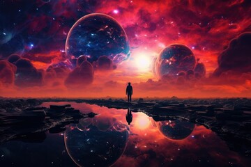 a man standing in the middle of a body of water in front of a sky filled with stars and a lot of clouds with a person standing in the middle of the water.