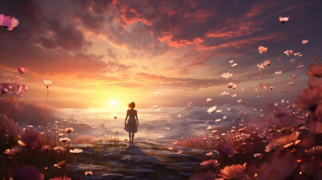  a woman standing in a field of flowers with the sun setting over the ocean behind her and butterflies flying in the air over her head and in the foreground.