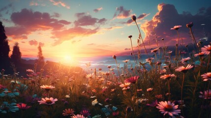  a field of wildflowers with the sun setting over the water in the backgroud of a mountain range  - obrazy, fototapety, plakaty