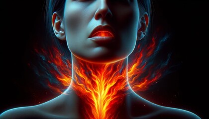 Woman with Glowing Throat and Mout. Heartburn Concept