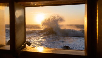 View of waves at sea through a window