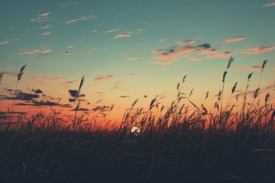  a field of tall grass with the sun setting in the background and a few clouds in the sky with a little bit of light on top of the grass in the foreground.