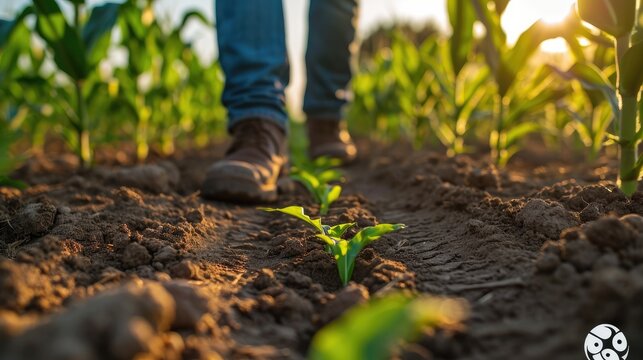 Diligent Farmer Carefully Inspecting a Lush Corn Field, Assessing Crop Health and Growth Progress