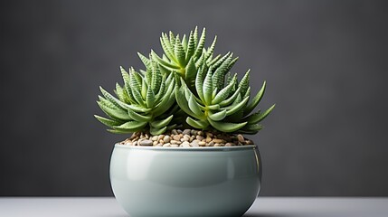  a close up of a plant in a pot on a table with a gray wall in the background and a grey wall in the back ground with a grey background.