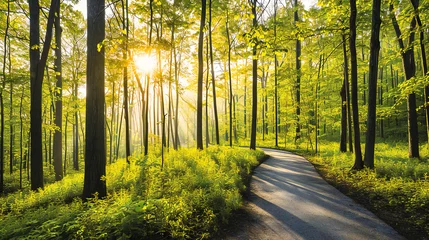 Gordijnen Green Forest with Sunlight, Beautiful Nature Path, Serene Landscape, Sunbeams through Trees, Peaceful Scenery © Rabbi