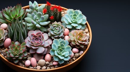  a bowl filled with lots of succulents sitting on top of a table next to a red flower on top of a black table next to a black wall.
