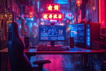 Gamer computer with led rgb lighting  - obrazy, fototapety, plakaty