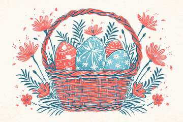 Coral teal Easter composition with wicker basket, decorated eggs and flowers on a white background.