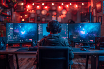 Gamer sitting and playing computer with led rgb lighting  - obrazy, fototapety, plakaty