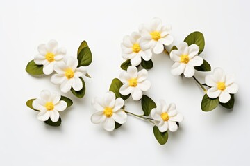  a group of white flowers sitting on top of a white table next to a pair of green leaves on top of a white counter top of a white counter top.