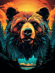 T-shirt design, cool vintage retro, colorful bear, retro sunset background сreated with Generative Ai