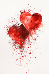 Two red watercolor hearts on a white background. Valentine's day.