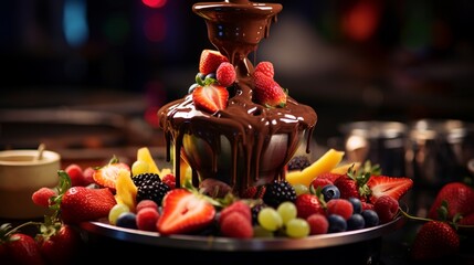 An ultra HD, mouthwatering photograph of a Peruvian chocolate fondue fountain, with the liquid chocolate flowing smoothly, ready to dip fresh fruits. High resolution 8K