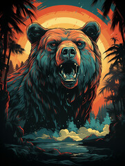 T-shirt design, cool vintage retro, colorful bear, retro sunset background сreated with Generative Ai