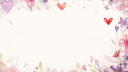 Valentine's day background with watercolor flowers and hearts. Beautiful floral frame with space for your text.
