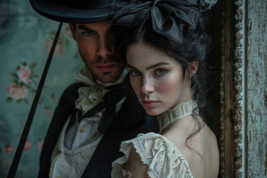 Young Attractive Victorian Couple in Historical Attire Posing