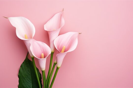 a bouquet of pink calla lilies with green leaves on a pink background with a place for a text or a logo on the bottom corner of the image.