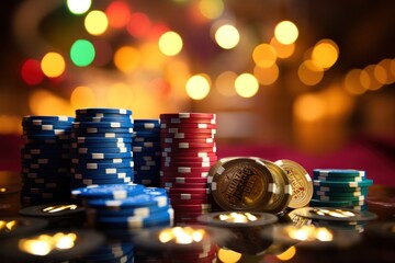 Casino theme image with poker chips and dice on bokeh background. Casino concept with copy space. Online casino. Gambling concept with copy space.