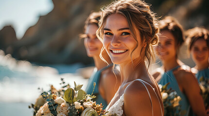 Happy Beautiful bride with bridesmaids in blue dresses on ocean background - obrazy, fototapety, plakaty