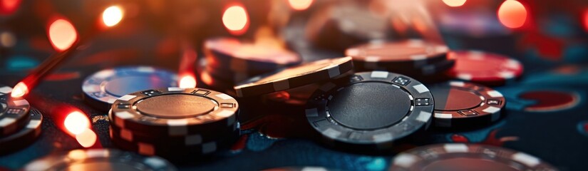 Fototapeta na wymiar Casino concept. Poker chips and red lights bokeh background. Casino concept with copy space. Online casino. Gambling concept with copy space.