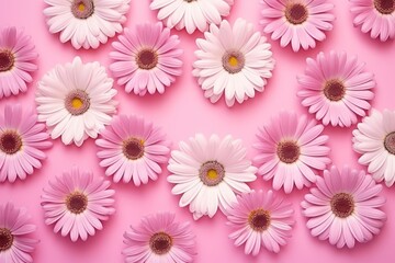  a bunch of pink and white daisies on a pink background with space for a text or an image to put on a card or postcard or give as a gift.