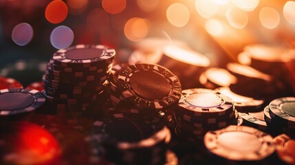 Poker chips and casino chips on black background. Casino concept with copy space. Online casino. Gambling concept with copy space. - obrazy, fototapety, plakaty